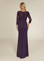 Plum Dress Elegant Sheath Dress Floor-Length Three-Quarter Sleeve Keyhole Back Scoop Neck Mother of the Bride Dress