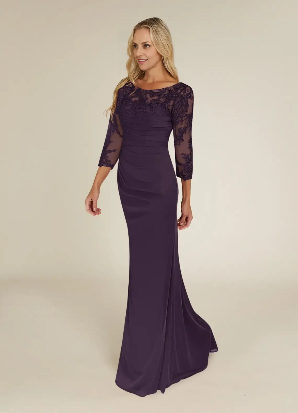 Plum Dress Elegant Sheath Dress Floor-Length Three-Quarter Sleeve Keyhole Back Scoop Neck Mother of the Bride Dress