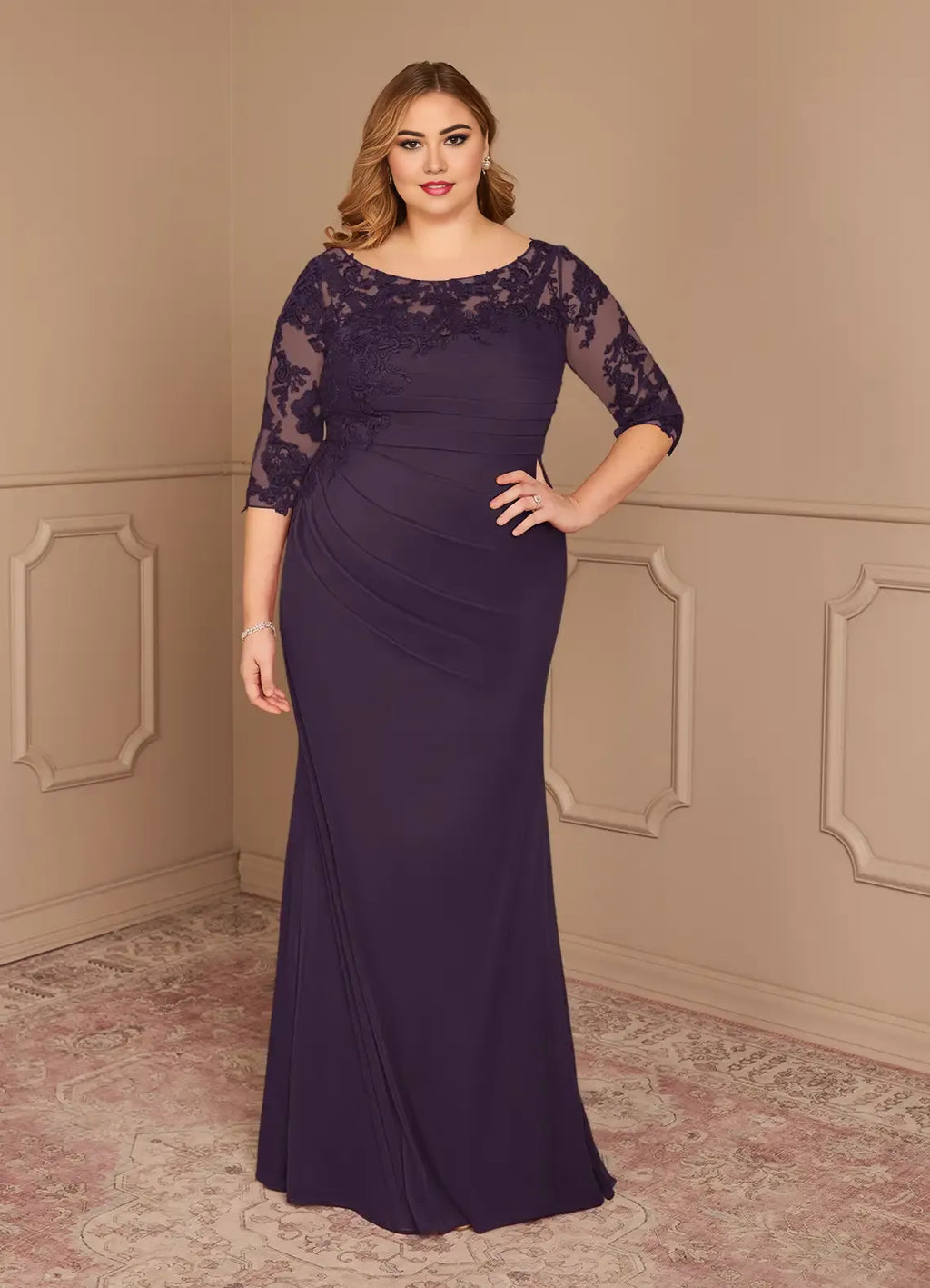 Plum Dress Elegant Sheath Dress Floor-Length Three-Quarter Sleeve Keyhole Back Scoop Neck Plus Size Mother of the Bride Dress