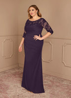 Plum Dress Elegant Sheath Dress Floor-Length Three-Quarter Sleeve Keyhole Back Scoop Neck Plus Size Mother of the Bride Dress