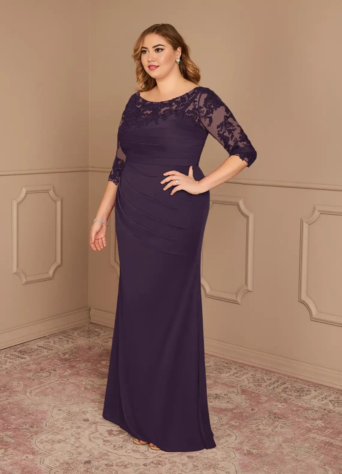 Plum Dress Elegant Sheath Dress Floor-Length Three-Quarter Sleeve Keyhole Back Scoop Neck Plus Size Mother of the Bride Dress