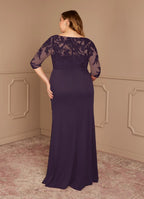 Plum Dress Elegant Sheath Dress Floor-Length Three-Quarter Sleeve Keyhole Back Scoop Neck Plus Size Mother of the Bride Dress