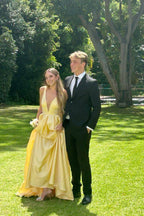 Satin A-Line Deep V-Neck Sleeveless Zipper-Back Floor-Length Prom Dress