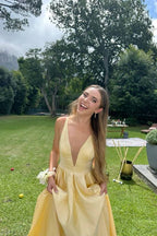 Satin A-Line Deep V-Neck Sleeveless Zipper-Back Floor-Length Prom Dress