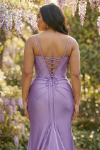 Plus Size Mermaid Spaghetti Straps Corset Beaded Pleated Slit Lavender Prom Dress
