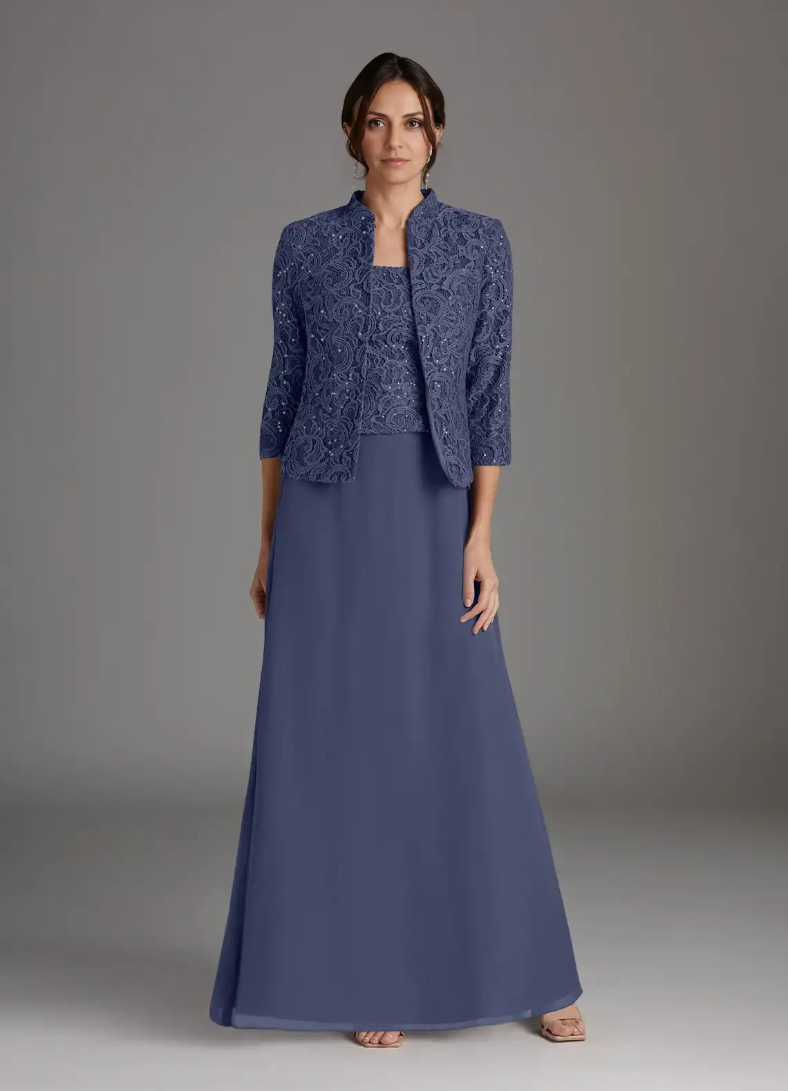 Dress Stormy Sheath Square Neck Sequins Dress Floor-Length Three-Quarter Sleeve Scoop Back Mother of the Bride Dress