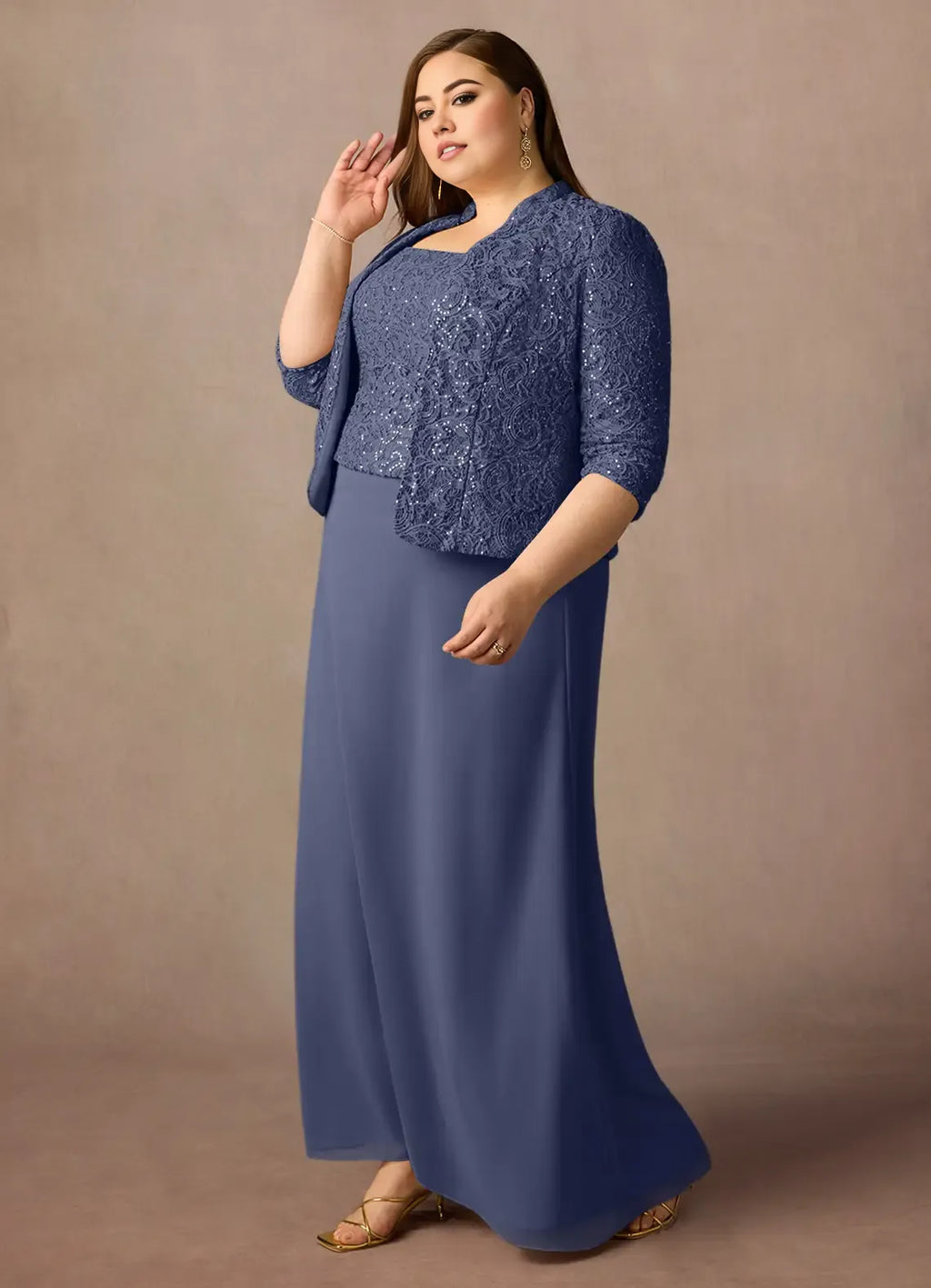 Dress Stormy Sheath Square Neck Sequins Plus Size Mother Of The Bride Dress Floor-Length Three-Quarter Sleeve Scoop Back Mother of the Bride Dress