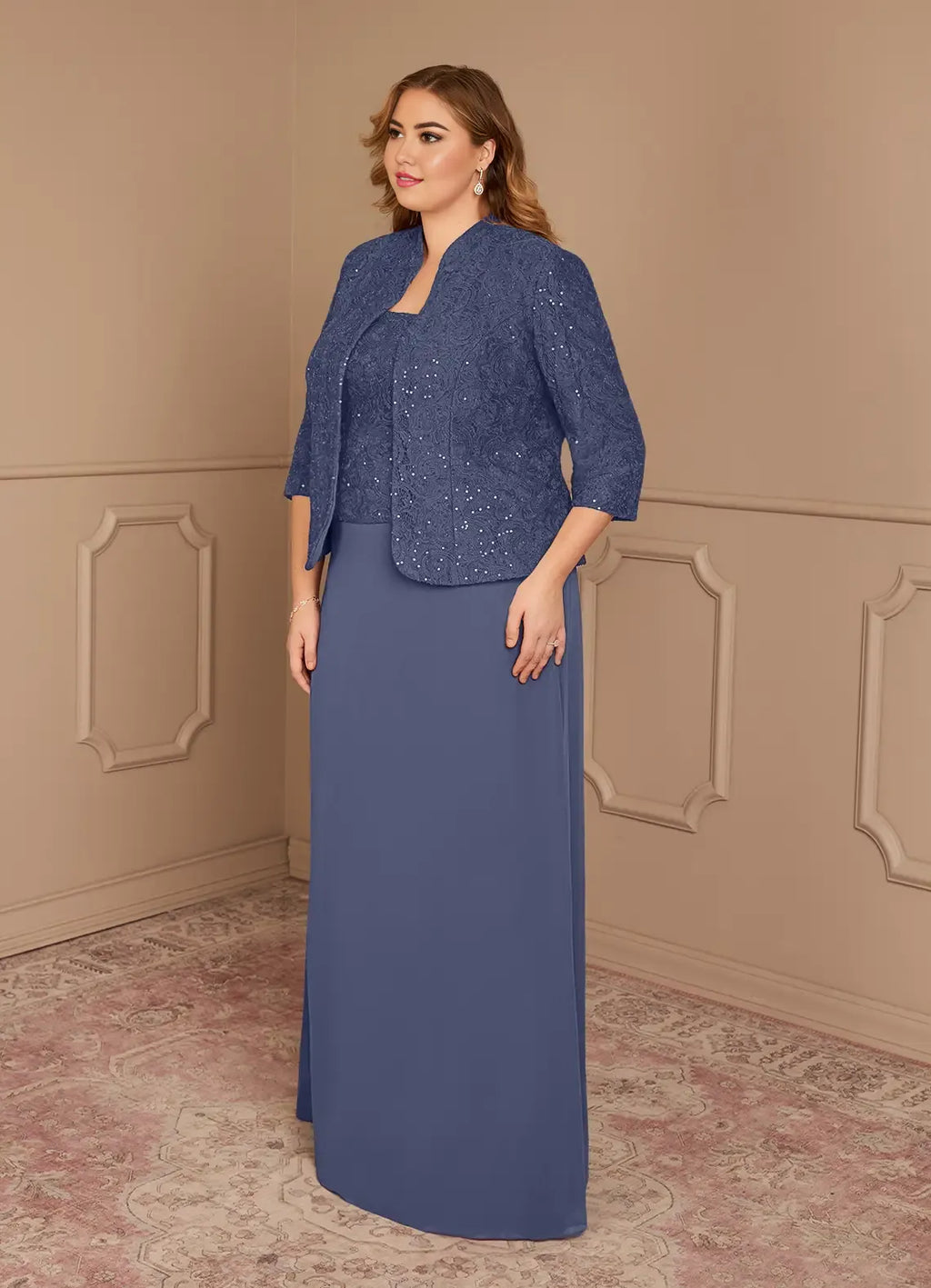 Dress Stormy Sheath Square Neck Sequins Plus Size Mother Of The Bride Dress Floor-Length Three-Quarter Sleeve Scoop Back Mother of the Bride Dress