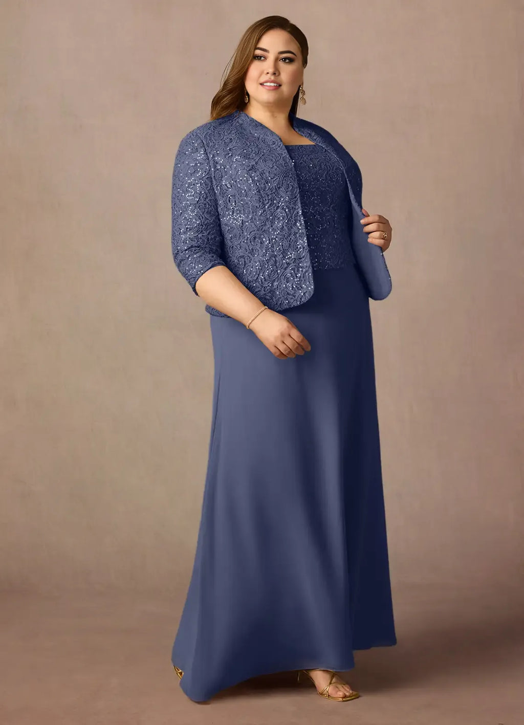 Dress Stormy Sheath Square Neck Sequins Plus Size Mother Of The Bride Dress Floor-Length Three-Quarter Sleeve Scoop Back Mother of the Bride Dress