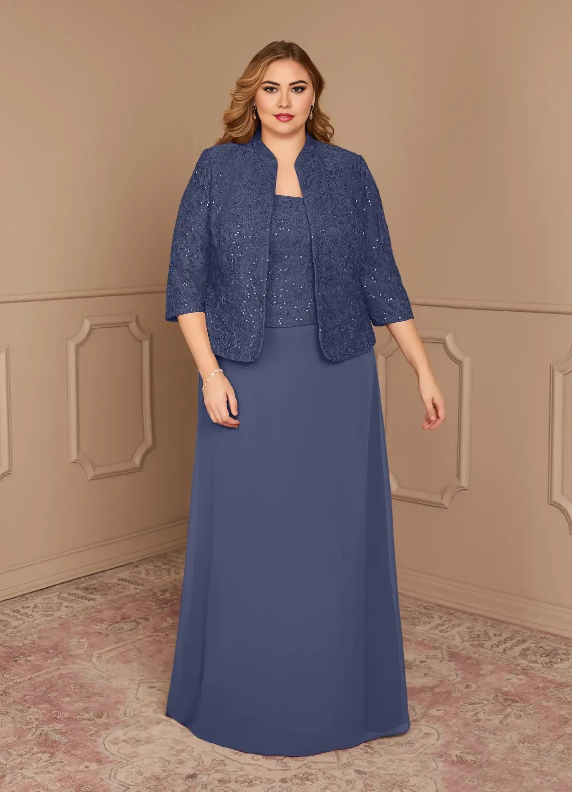 Dress Stormy Sheath Square Neck Sequins Plus Size Mother Of The Bride Dress Floor-Length Three-Quarter Sleeve Scoop Back Mother of the Bride Dress