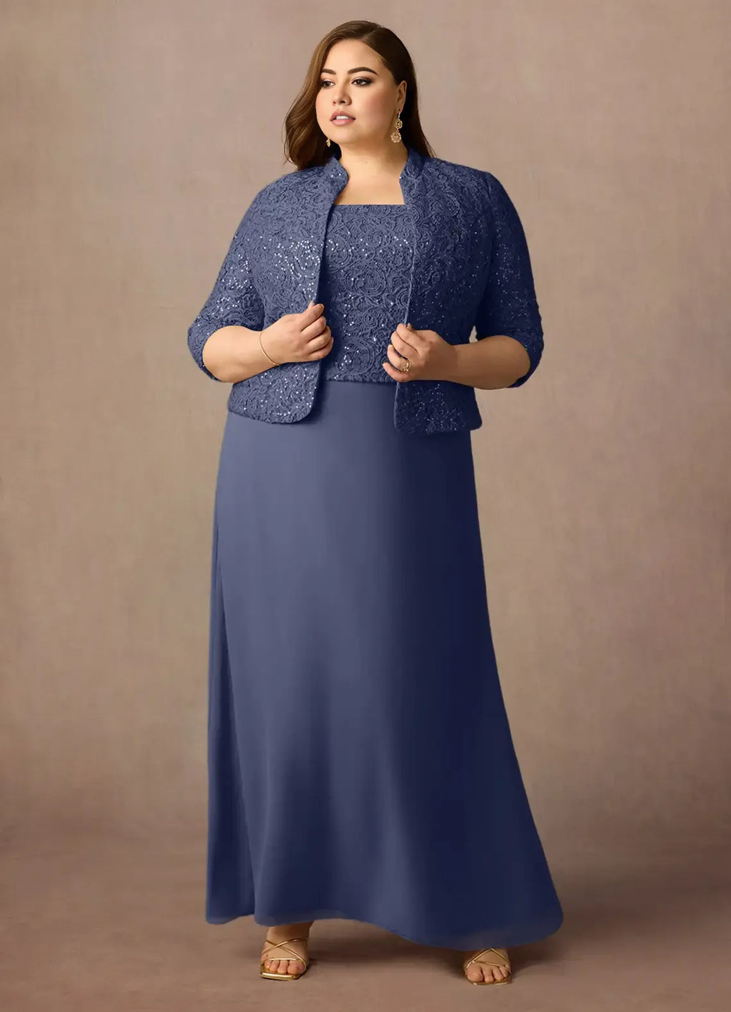 Dress Stormy Sheath Square Neck Sequins Plus Size Mother Of The Bride Dress Floor-Length Three-Quarter Sleeve Scoop Back Mother of the Bride Dress