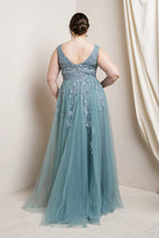Plus Size Prom Dress A Line V Neck Floral Lace Tulle Floor Length Dusty Blue Elegant Evening Gown
