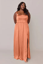 Plus Size Satin Bridesmaid Dress with Square Neckline & High Slit A-Line Skirt