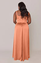 Plus Size Satin Bridesmaid Dress with Square Neckline & High Slit A-Line Skirt