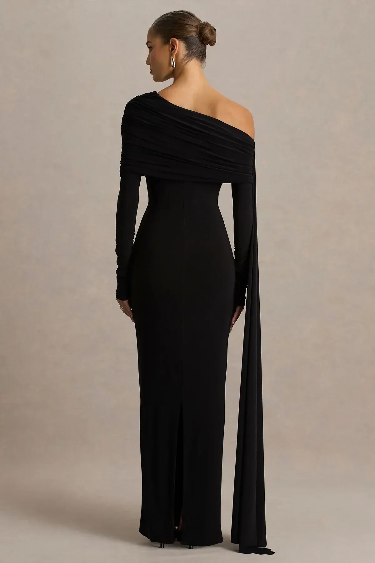 Polished Mermaid One Shoulder Draped Sleeve Zip Back Floor Length Evening Dress