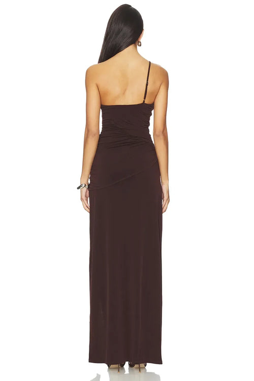 Robe de soirée longue, fourreau poli, une épaule, sans manches, dos ouvert