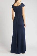 Polished Sheath Twist Neck Cap Sleeve Zipper Back Floor Length Evening Dress