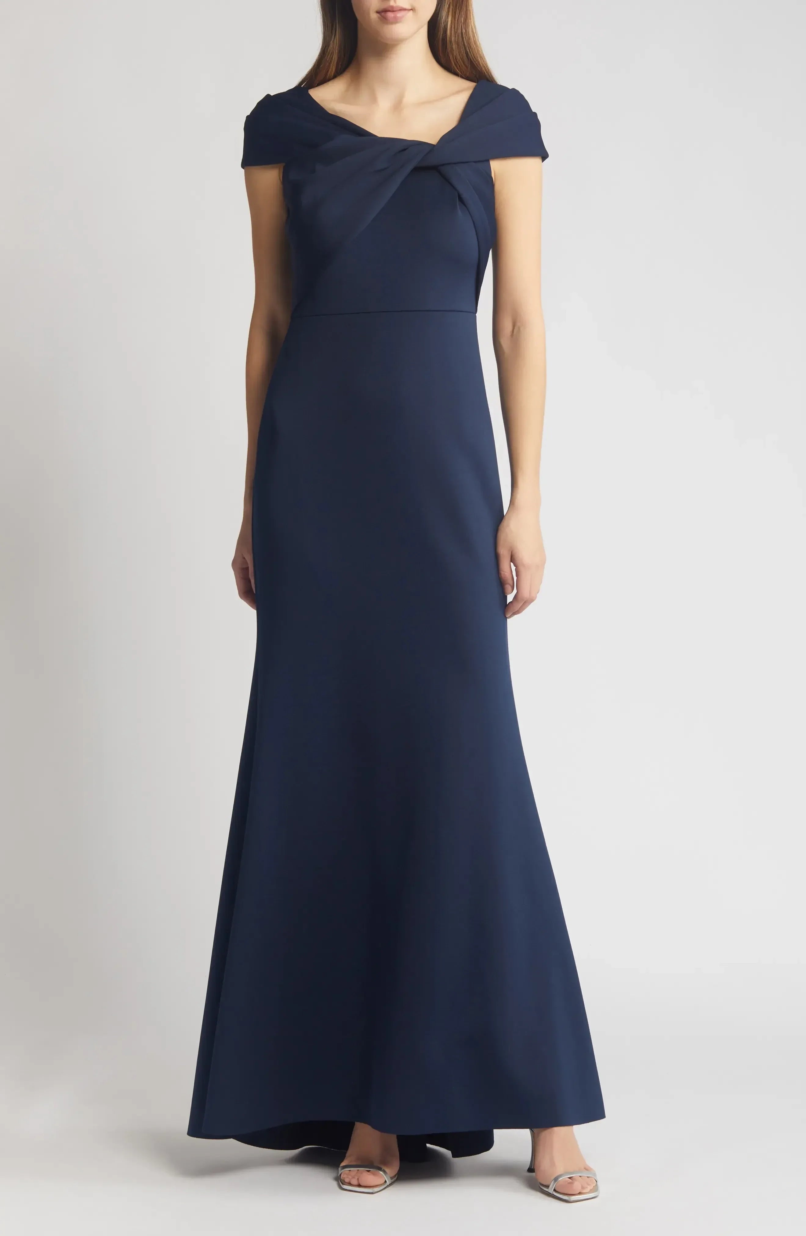 Polished Sheath Twist Neck Cap Sleeve Zipper Back Floor Length Evening Dress