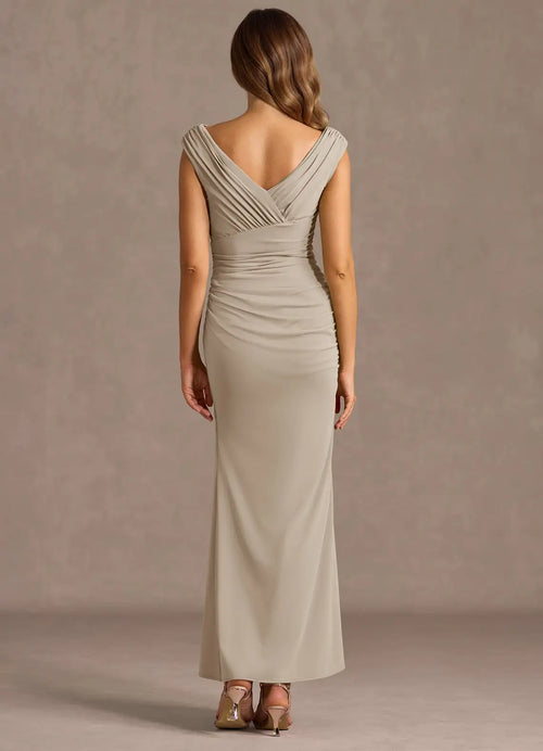 Robe de bal longue en trompette polie, épaules dénudées, manches cap, dos croisé pour femme
