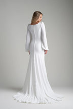 Polished Trumpet Square Neck Bishop Sleeve Button Back Floor Length Wedding Dress