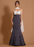 Polka Dot Mermaid Strapless Sleeveless Scarf Back Floor Length For Ladies Prom Dress