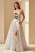 Polka-Dot A-Line Strapless Sweetheart Lace-Up-Back Floor-Length Prom Dress