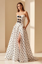 Polka-Dot A-Line Strapless Sweetheart Lace-Up-Back Floor-Length Prom Dress