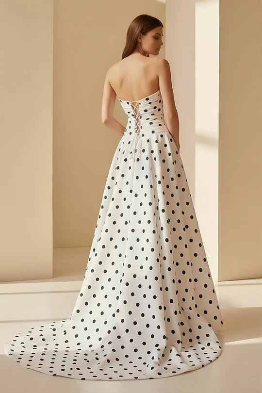 Polka-Dot A-Line Strapless Sweetheart Lace-Up-Back Floor-Length Prom Dress