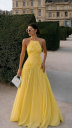 Yellow A-Line Halter Prom Dress With 3D Flower Ruched Bodice And Floor Length Skirt For Prom Night