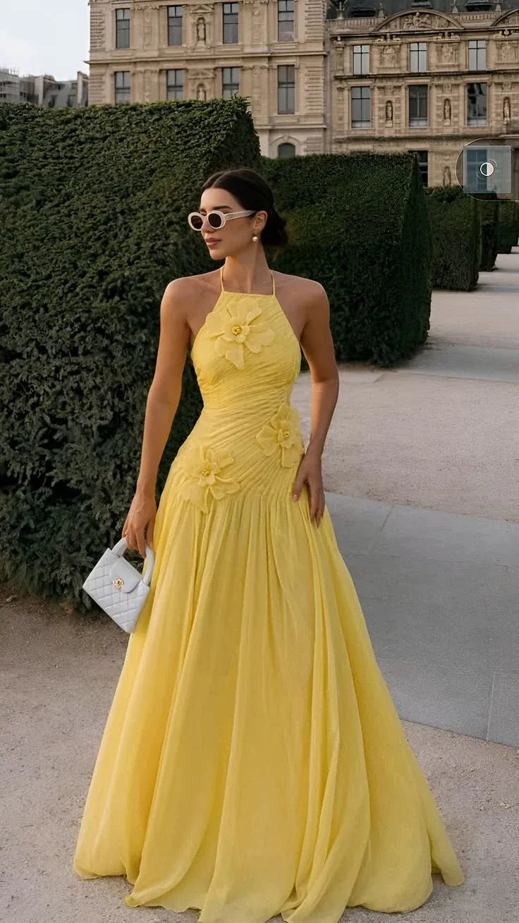 Yellow A-Line Halter Prom Dress With 3D Flower Ruched Bodice And Floor Length Skirt For Prom Night