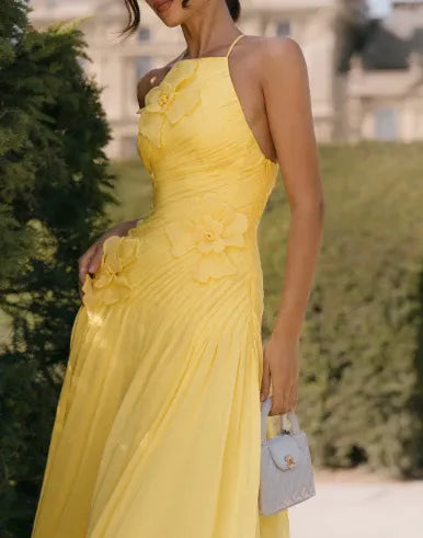 Yellow A-Line Halter Prom Dress With 3D Flower Ruched Bodice And Floor Length Skirt For Prom Night