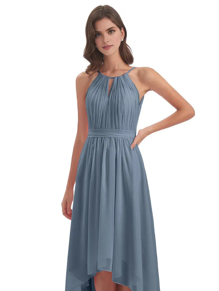 Pretty A-Line Halter Neck Sleeveless Chiffon Pleated Asymmetrical -Length Bridesmaid Dress