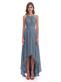 Pretty A-Line Halter Neck Sleeveless Chiffon Pleated Asymmetrical -Length Bridesmaid Dress