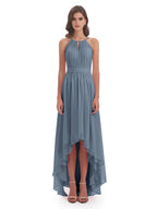 Pretty A-Line Halter Neck Sleeveless Chiffon Pleated Asymmetrical -Length Bridesmaid Dress