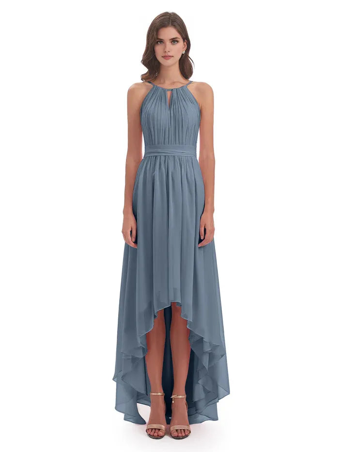 Pretty A-Line Halter Neck Sleeveless Chiffon Pleated Asymmetrical -Length Bridesmaid Dress