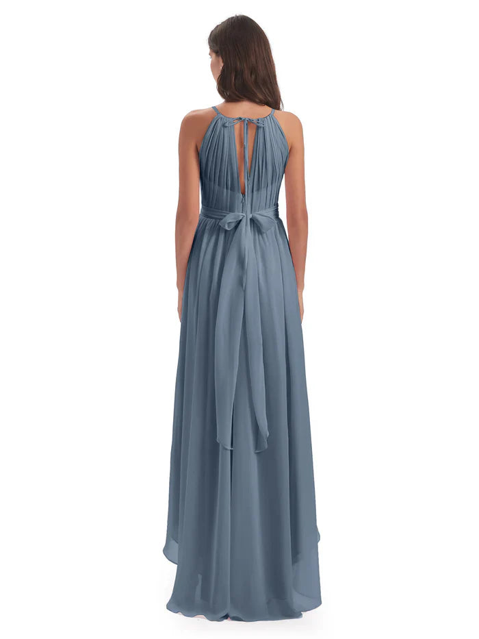 Pretty A-Line Halter Neck Sleeveless Chiffon Pleated Asymmetrical -Length Bridesmaid Dress