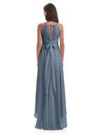 Pretty A-Line Halter Neck Sleeveless Chiffon Pleated Asymmetrical -Length Bridesmaid Dress