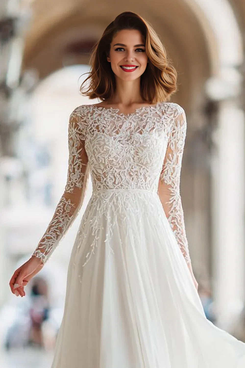 Pretty A-Line Illusion Boat Neck Long Sleeve V Back Floor-Length Wedding Dress