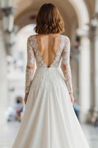 Pretty A-Line Illusion Boat Neck Long Sleeve V Back Floor-Length Wedding Dress
