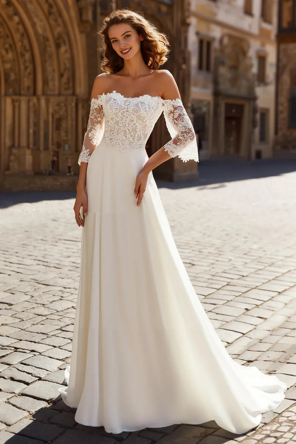 Pretty A-Line Off the Shoulder Long Sleeve Sweep/Brush Train Wedding Dress