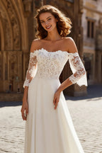 Pretty A-Line Off the Shoulder Long Sleeve Sweep/Brush Train Wedding Dress