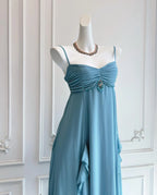 Light Blue A Line Spaghetti Strap Beaded Prom Dress With Ruffle For Women Bohemian Romance