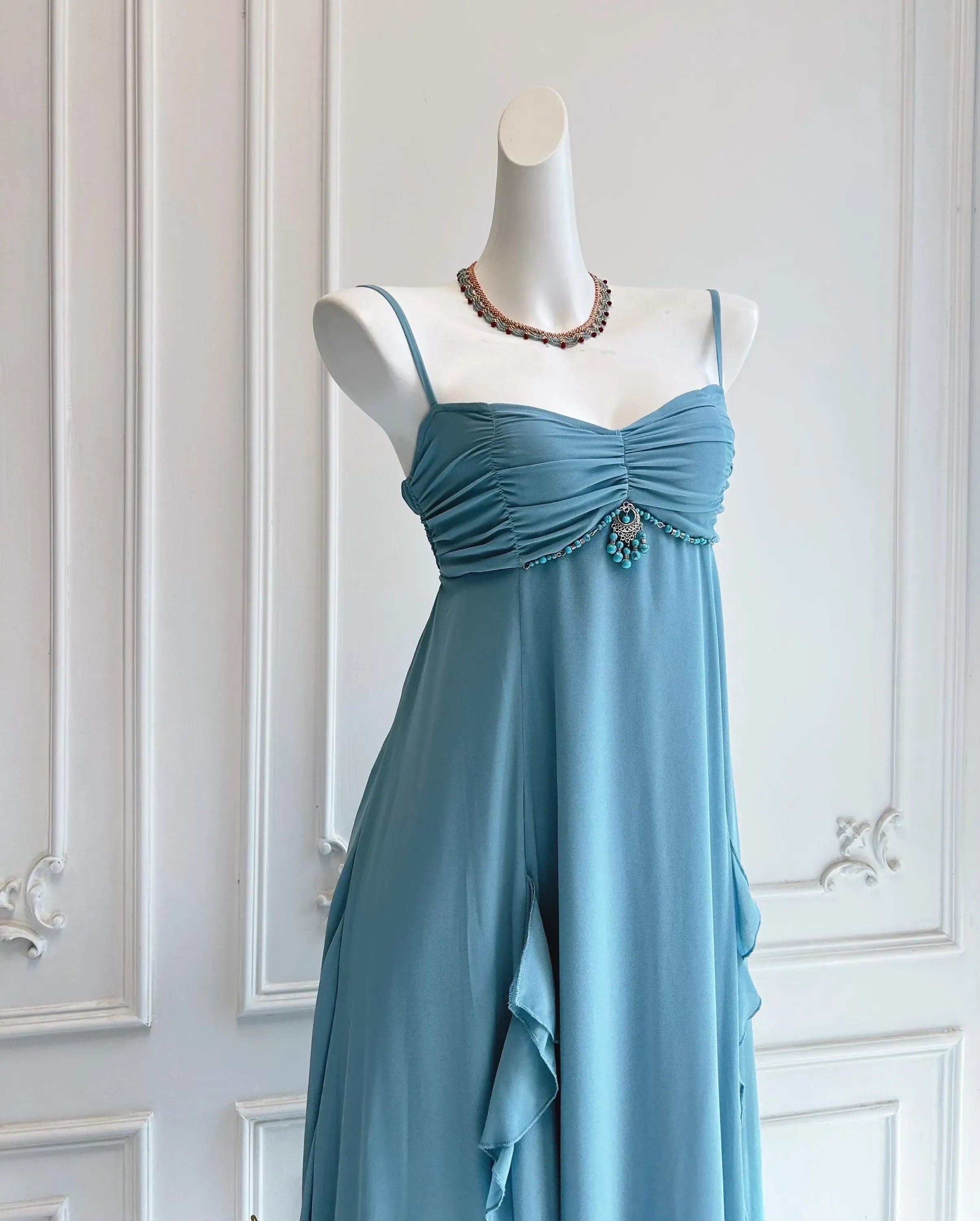 Light Blue A Line Spaghetti Strap Beaded Prom Dress With Ruffle For Women Bohemian Romance