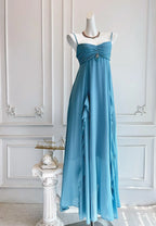 Light Blue A Line Spaghetti Strap Beaded Prom Dress With Ruffle For Women Bohemian Romance