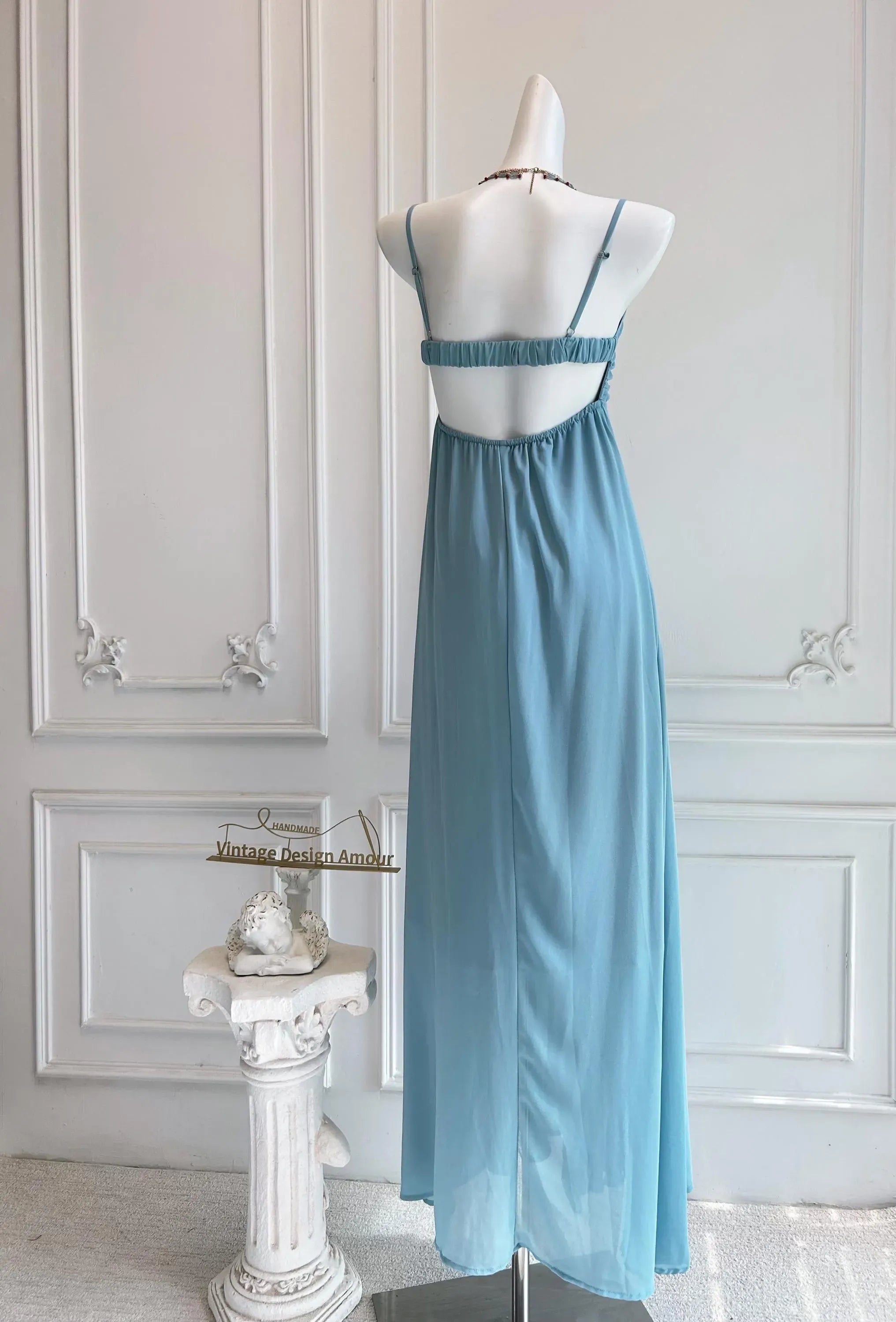 Light Blue A Line Spaghetti Strap Beaded Prom Dress With Ruffle For Women Bohemian Romance