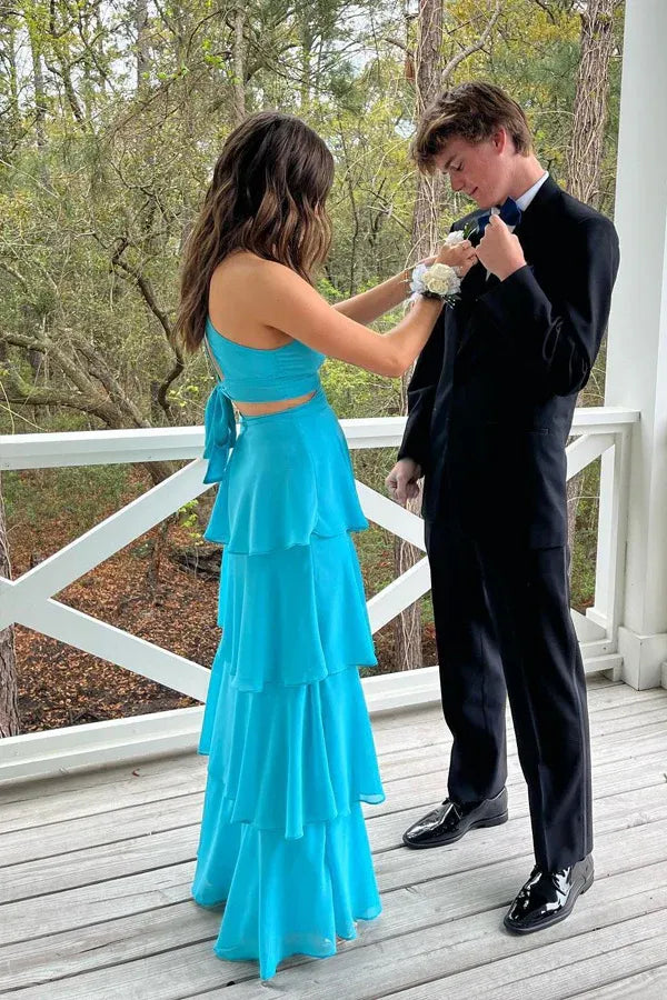 Pretty A-Line Spaghetti Straps Sleeveless Tiered Floor Length Prom Dress