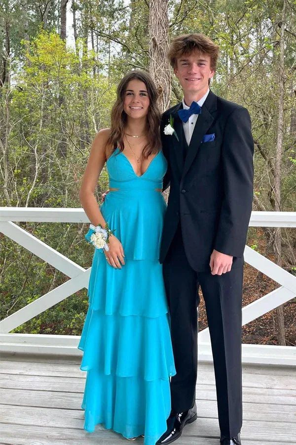 Pretty A-Line Spaghetti Straps Sleeveless Tiered Floor Length Prom Dress