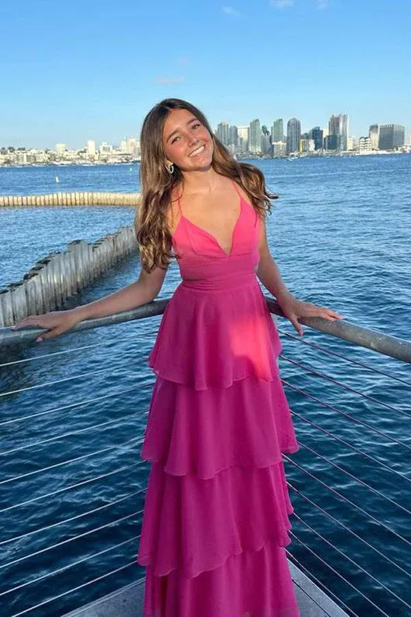 Pretty A-Line Spaghetti Straps Sleeveless Tiered Floor Length Prom Dress