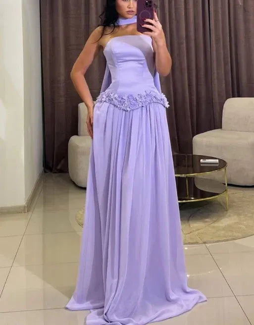 Lavender A Line Showstopping Prom Dress With 3D Flower Appliques, Strapless Corset Bodice, Floor Length For Prom Goers