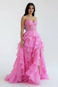 Pretty A-Line Sweetheart Sleeveless Ruffle Sweep Train Prom Dress